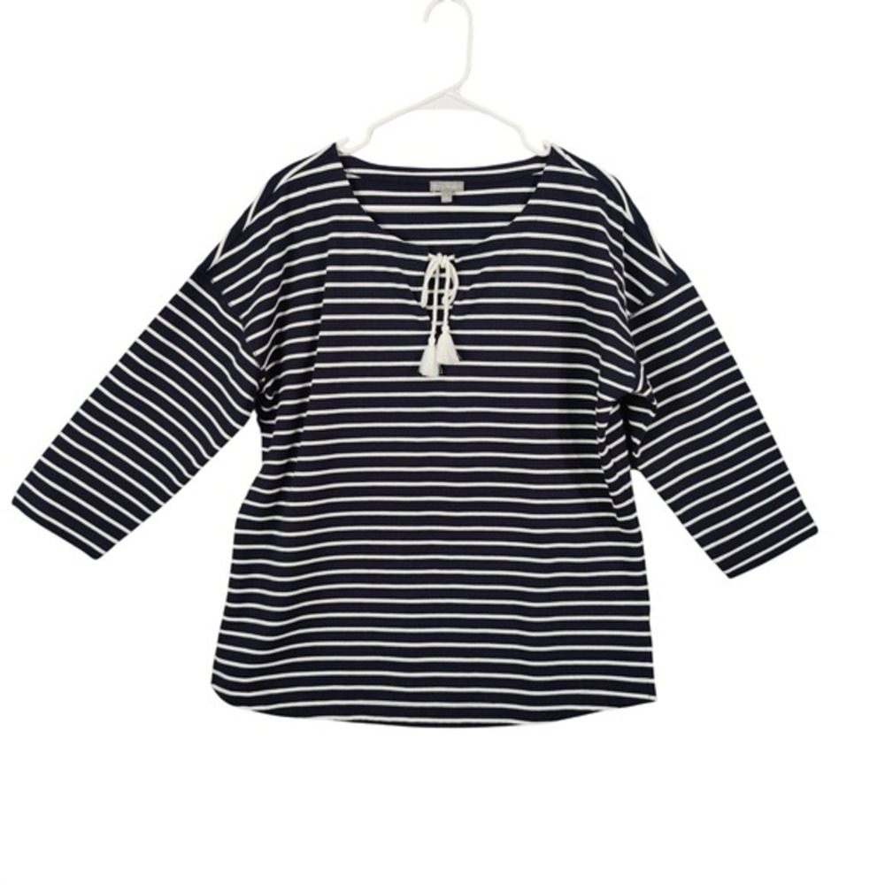 Talbots Womens Preppy Nautical Coastal Striped Top L Navy Tassel Tie 3/4 Sleeve